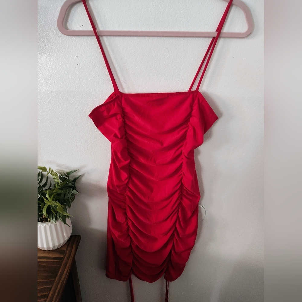 Red Ruched Spaghetti Strap Dress